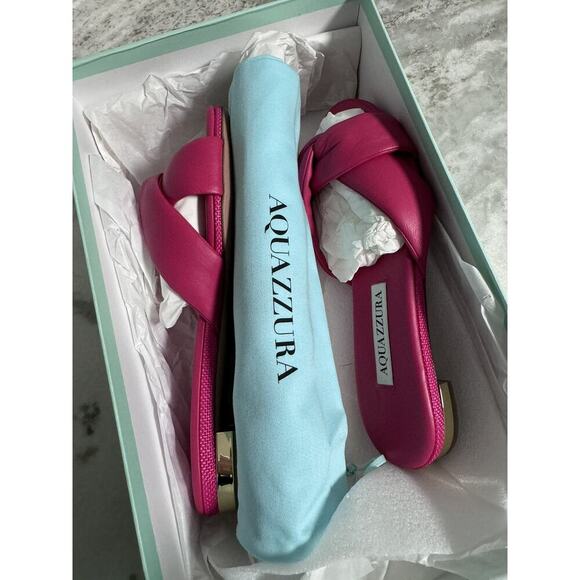 New Aquazzura Olie Pink Soft Leather Raffia Flat Slide on Sandals Size 35 - Picture 11 of 12